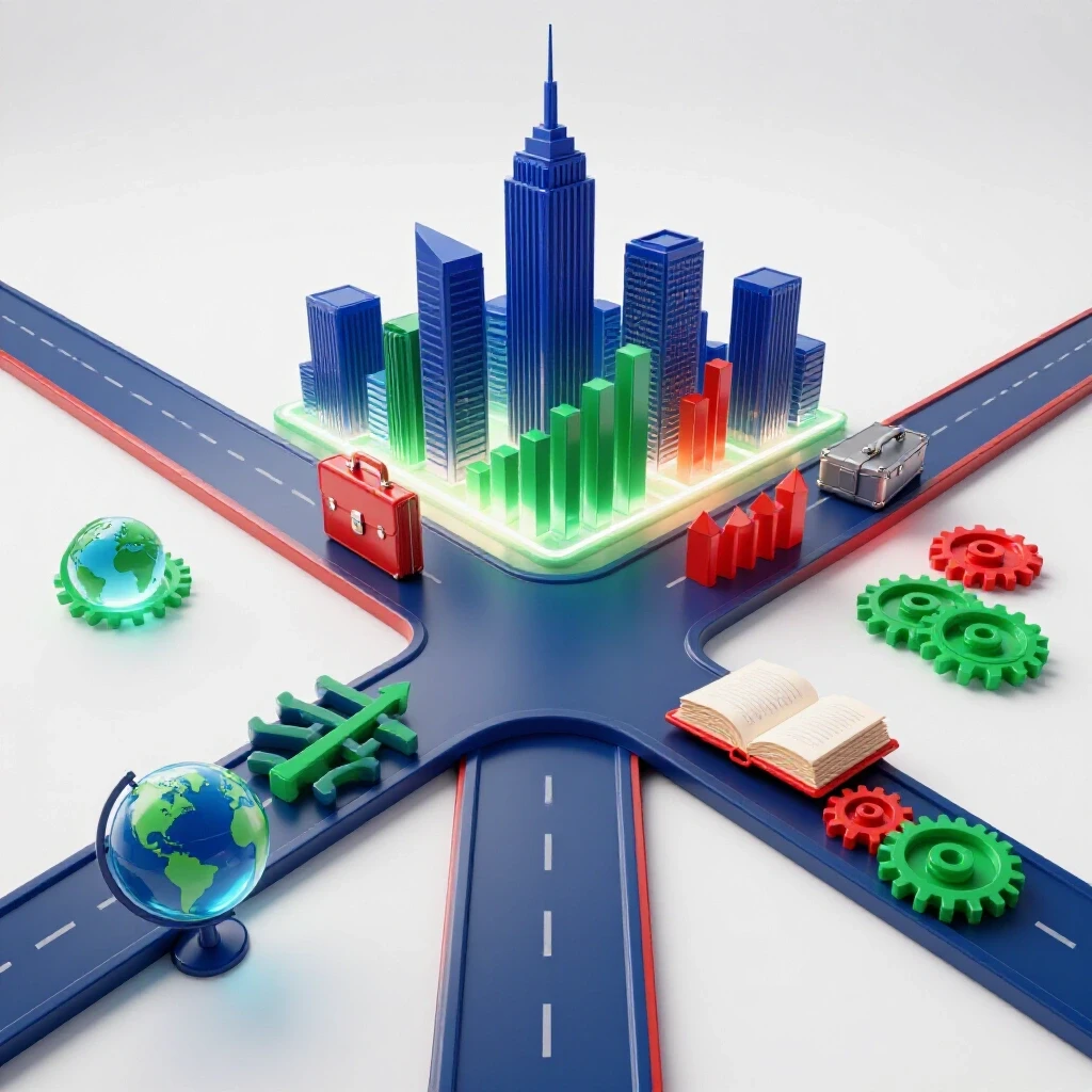 Vivid crossroads with city skyline and life experience symbols, set on a luminous white background.