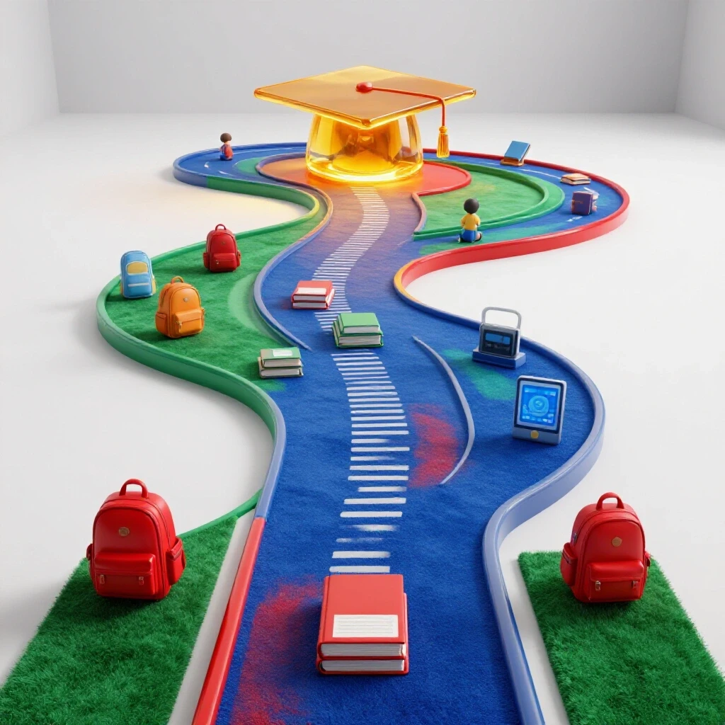 A winding path with colorful student symbols at intervals, leading toward a glowing graduation cap under bright lighting.