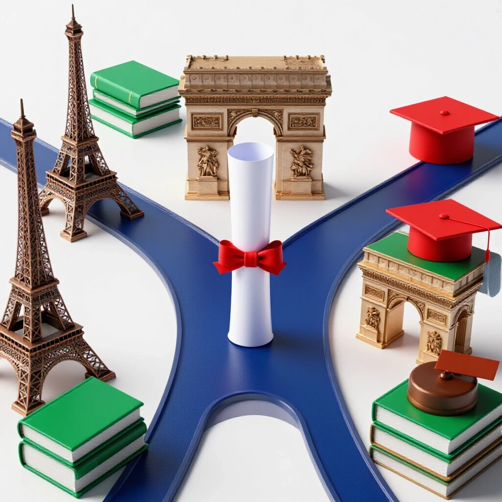 A diploma held at a crossroads with French landmarks on one path and academic symbols on the other, on a bright background.