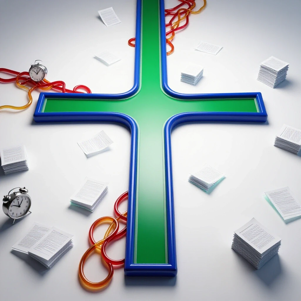 Crossroads sculpture with smooth main path and a side path tangled in clocks and paperwork, on a bright background