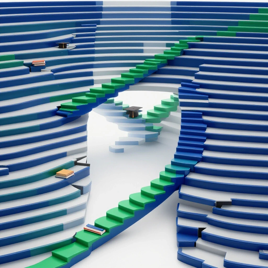 A winding staircase with missing steps, bright 3D objects bridging gaps amid a luminous white background