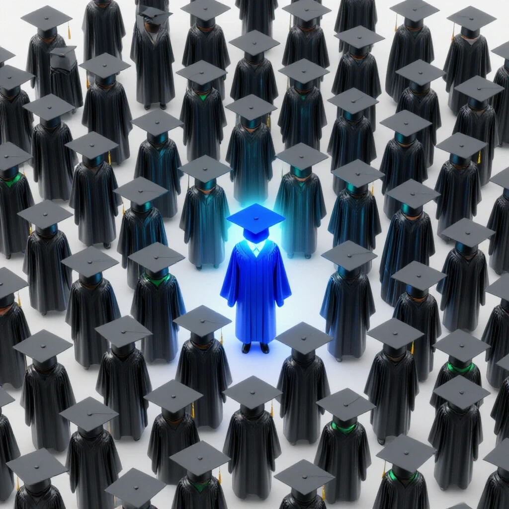 A crowd of identical graduation caps and gowns in a bright studio, with one vividly highlighted in bold color.