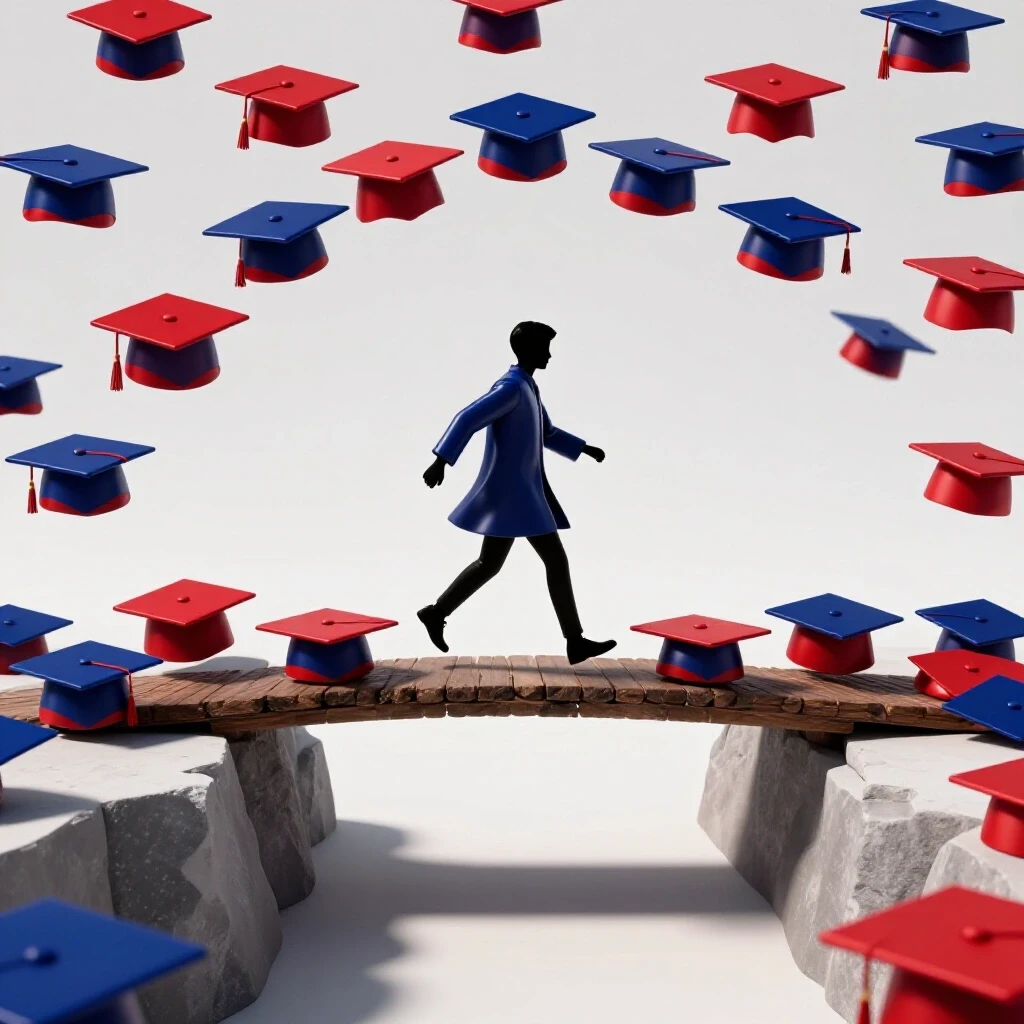 A student-shaped figure crossing a vivid bridge of graduation caps over a chasm, with bright studio lighting and dramatic shadows below.