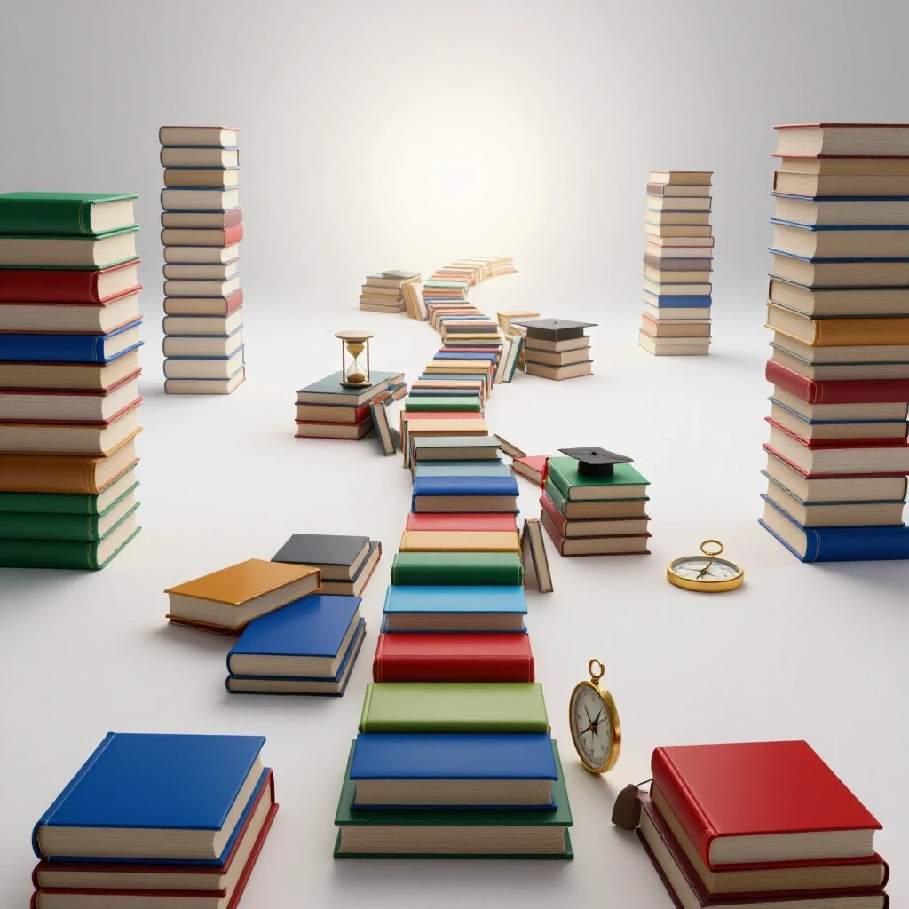 A pathway of vibrant ascending books with educational symbols winding toward a bright horizon on a white background.