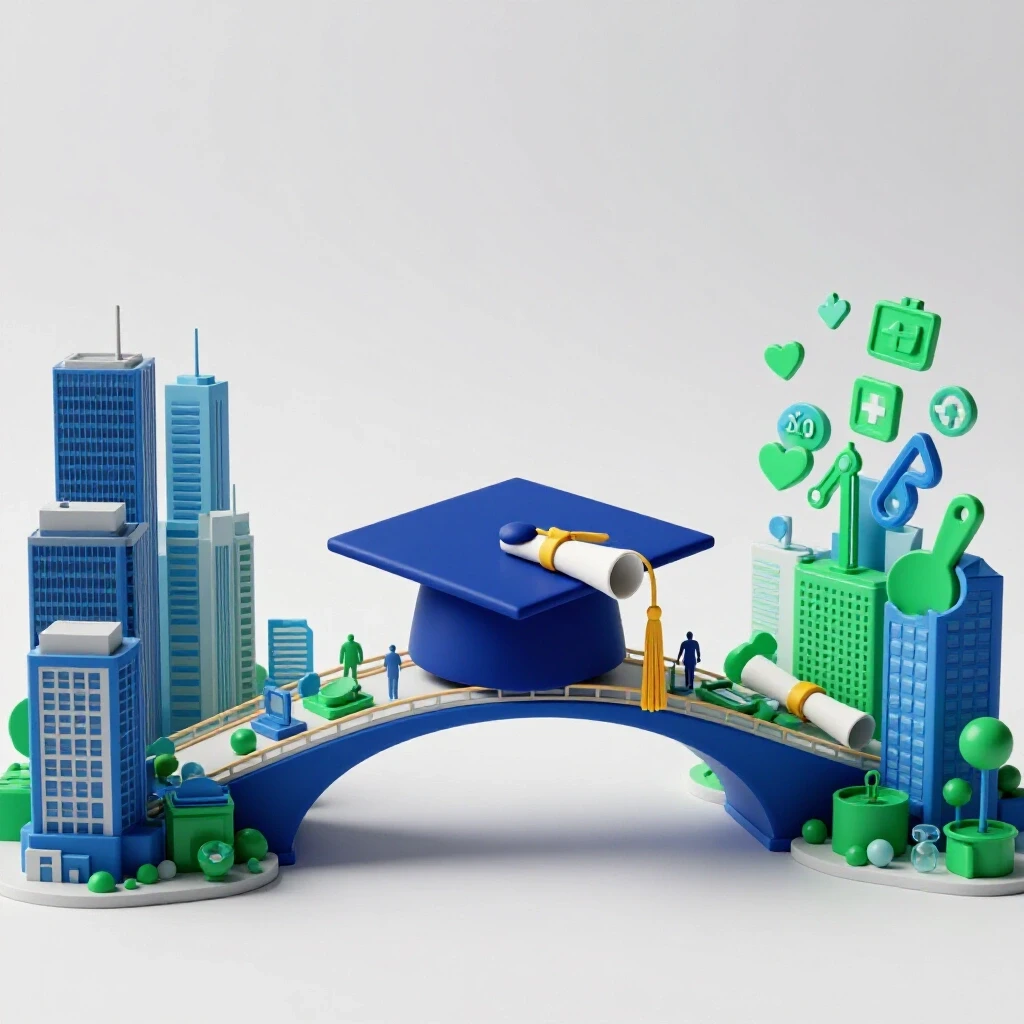Graduation cap and diploma form a bridge between distinct industry landscapes in vivid colors