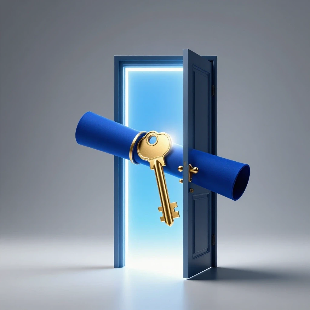 A diploma morphs into a radiant golden key unlocking a glowing door with a luminous pathway beyond.