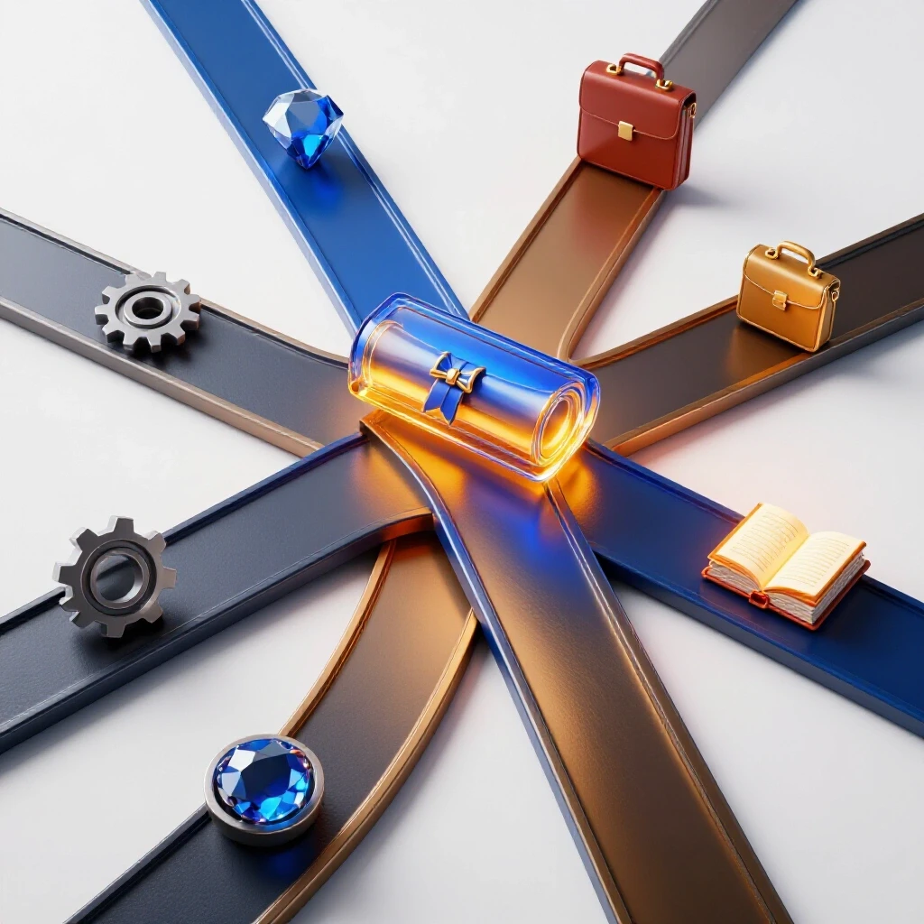 A vibrant crossroads with bold colored paths leading to a glowing diploma and various career symbols on a bright background.