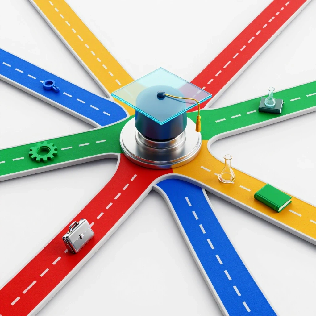Colorful crossroads with a central graduation cap and vibrant career icons branching in different directions.