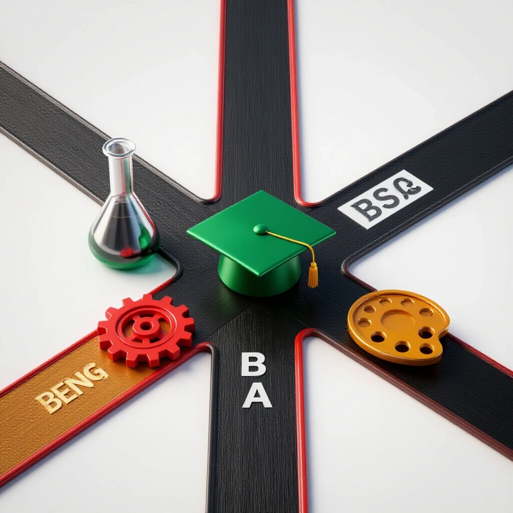 Crossroads with distinct colored academic icons—flask, graduation cap, gear, and palette—on branching bright pathways
