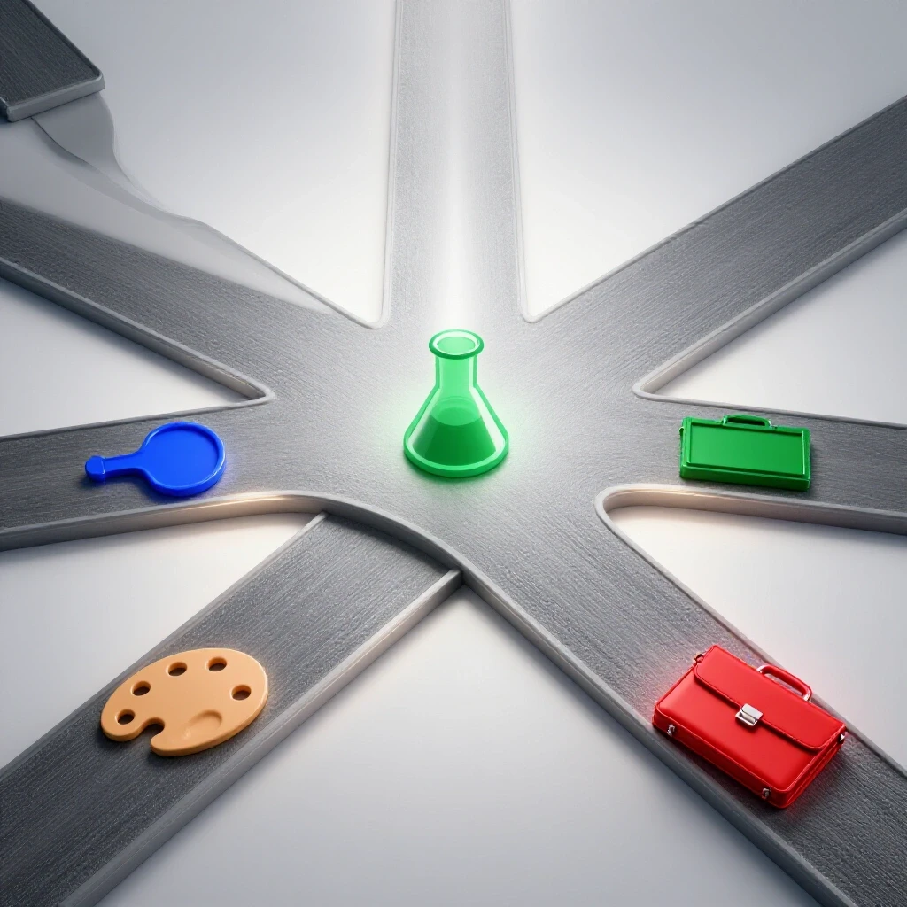 Intersecting glossy paths lead to science beaker, art palette, and business briefcase symbols under bright light.