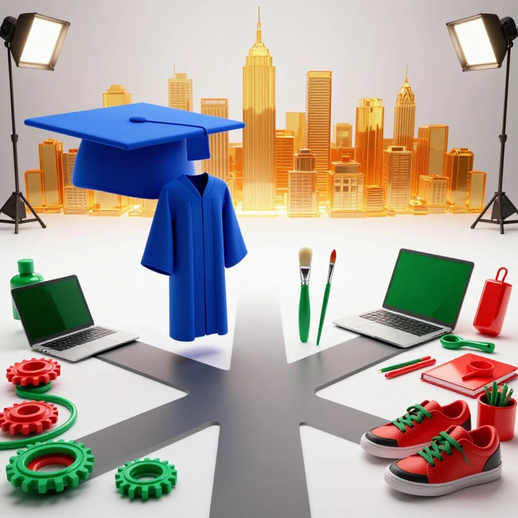Split-scene showing cap and gown at a crossroads and creative tools facing a glowing city skyline, vibrant colors.