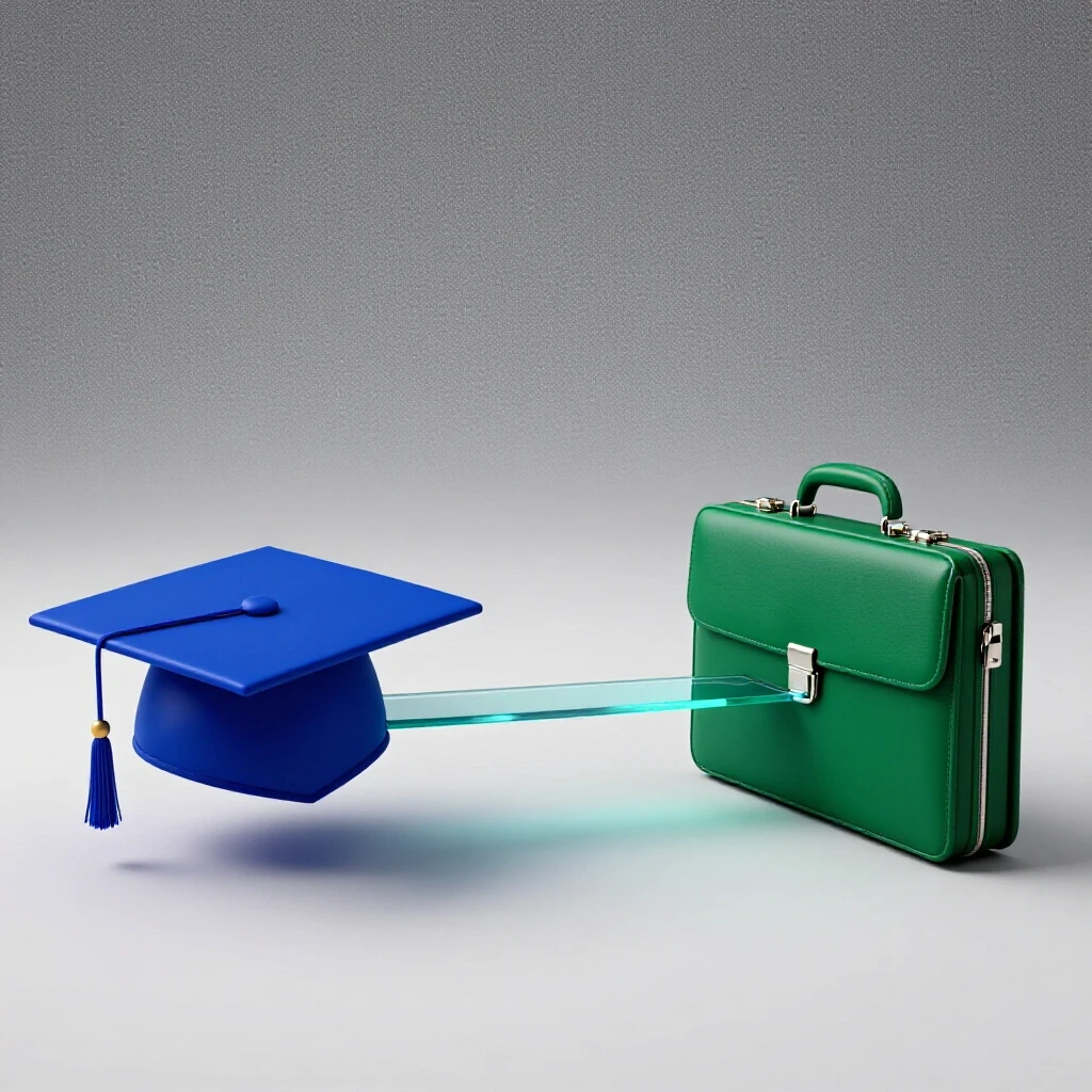 Graduation cap and briefcase connected by a glass bridge on a bright studio background, symbolizing career choices