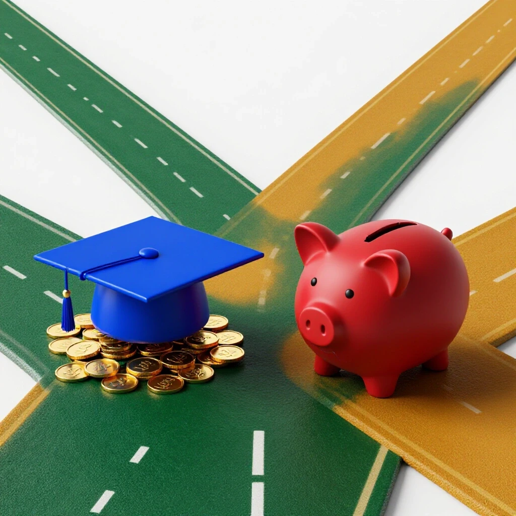 A forked path with a graduation cap on gold coins on one side and a cracked red piggy bank on the other.