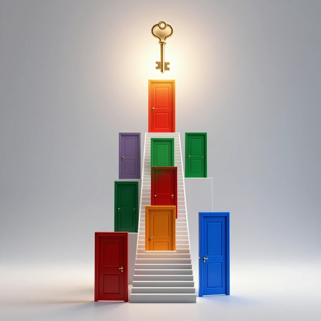 A series of ascending, brightly colored doors with a glowing key ready to unlock the highest door, set in a luminous white studio.