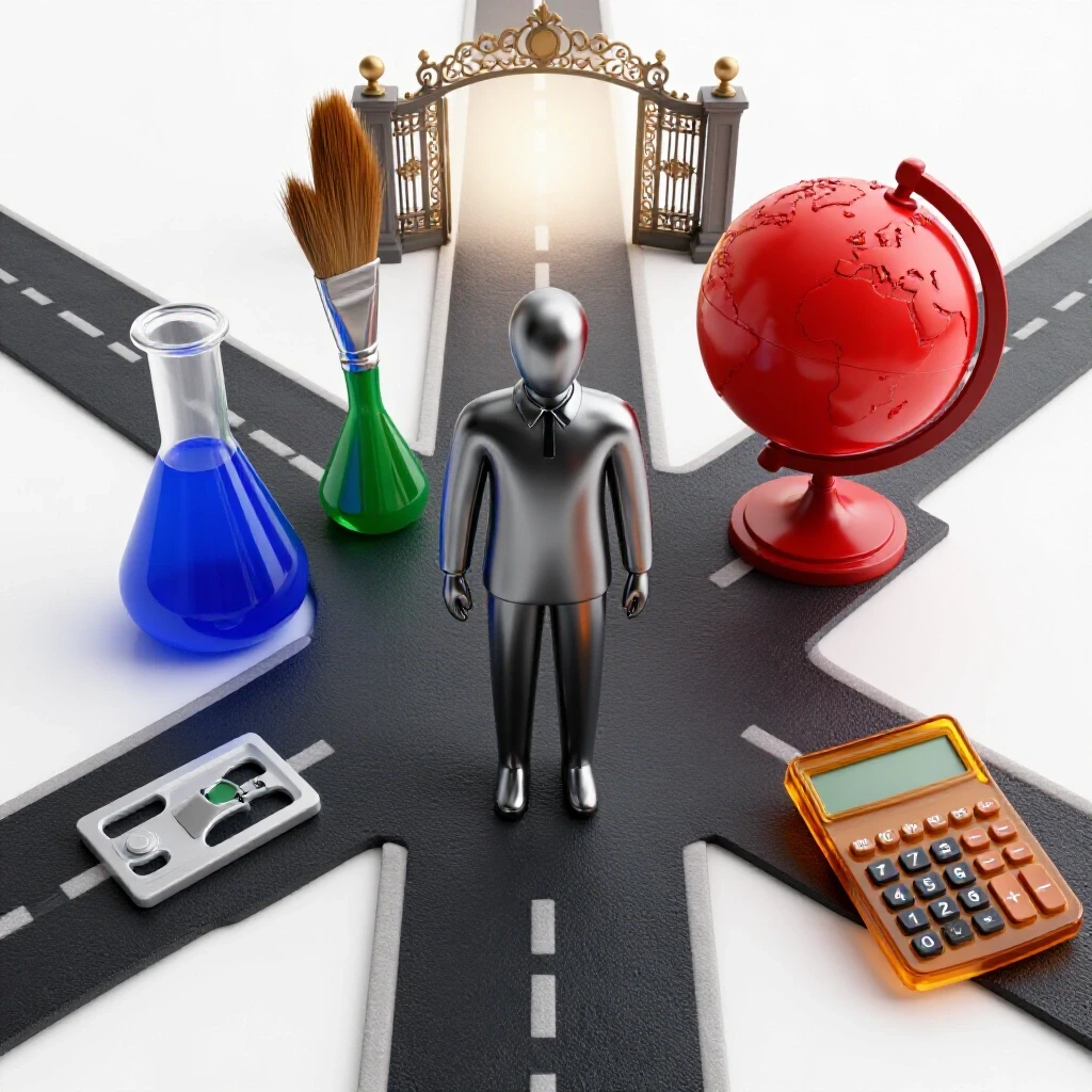 Colorful crossroads scene with academic symbols—science flask, paintbrush, globe, calculator—centralized by an open gate, representing choices in general education.
