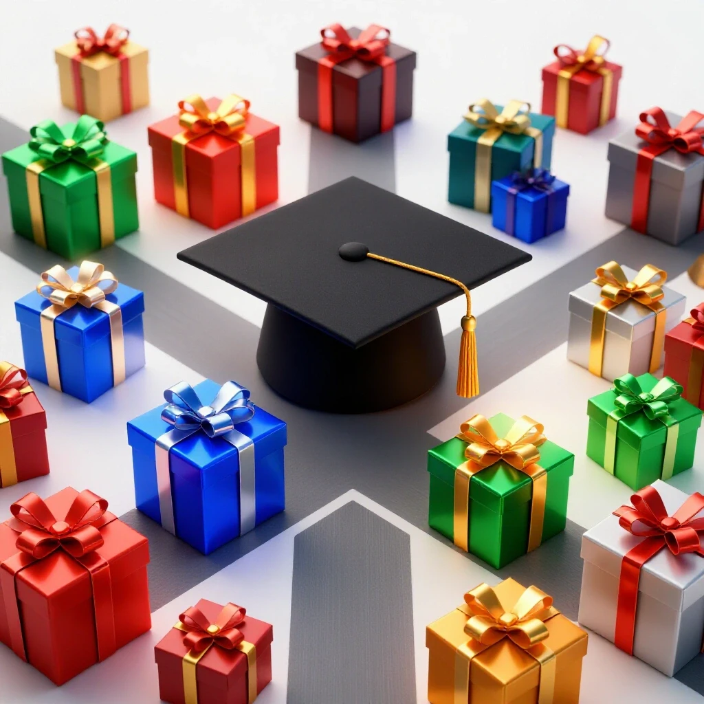 Vibrant gift boxes with glowing auras and a graduation cap at a crossroads, on a luminous bright background.