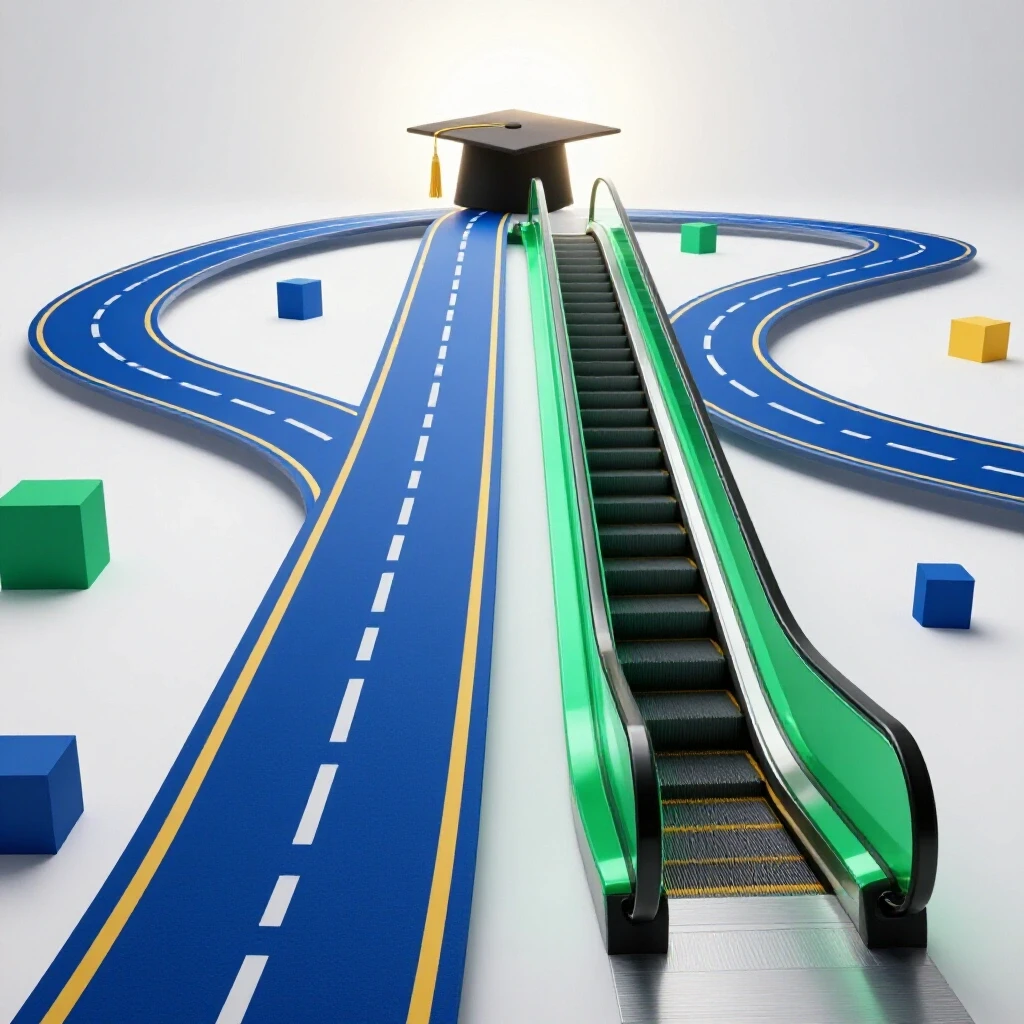 Dynamic scene of traditional road and fast escalator racing toward a glowing graduation cap on a bright background.