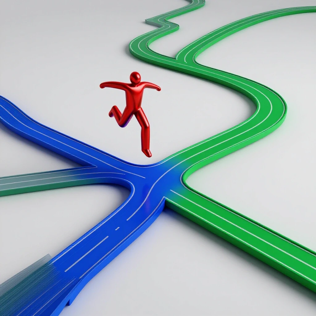 A dynamic crossroads with a leaping object on a bright, fast blue path and slow shapes on a winding green road, symbolizing accelerated and traditional routes.