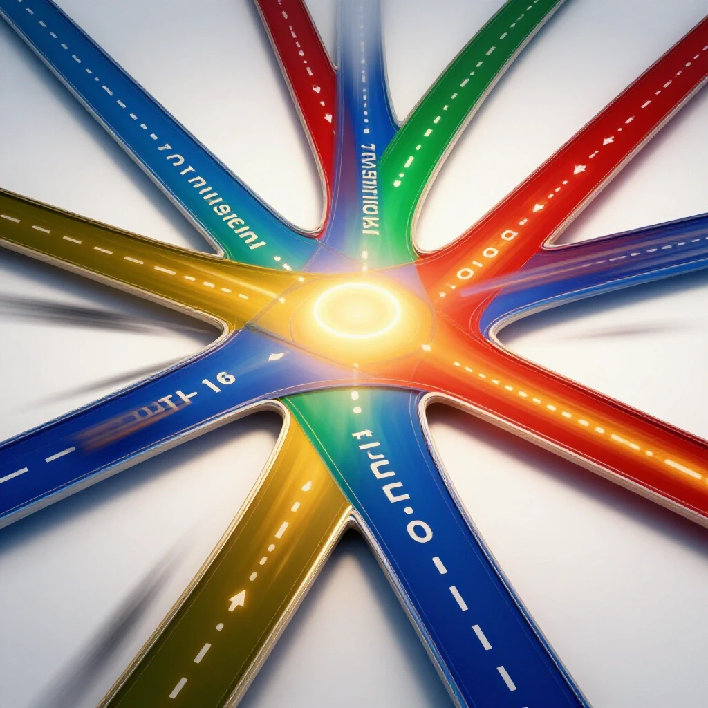 Colorful glowing pathways converge and race toward a bright finish line symbolizing accelerated graduation.