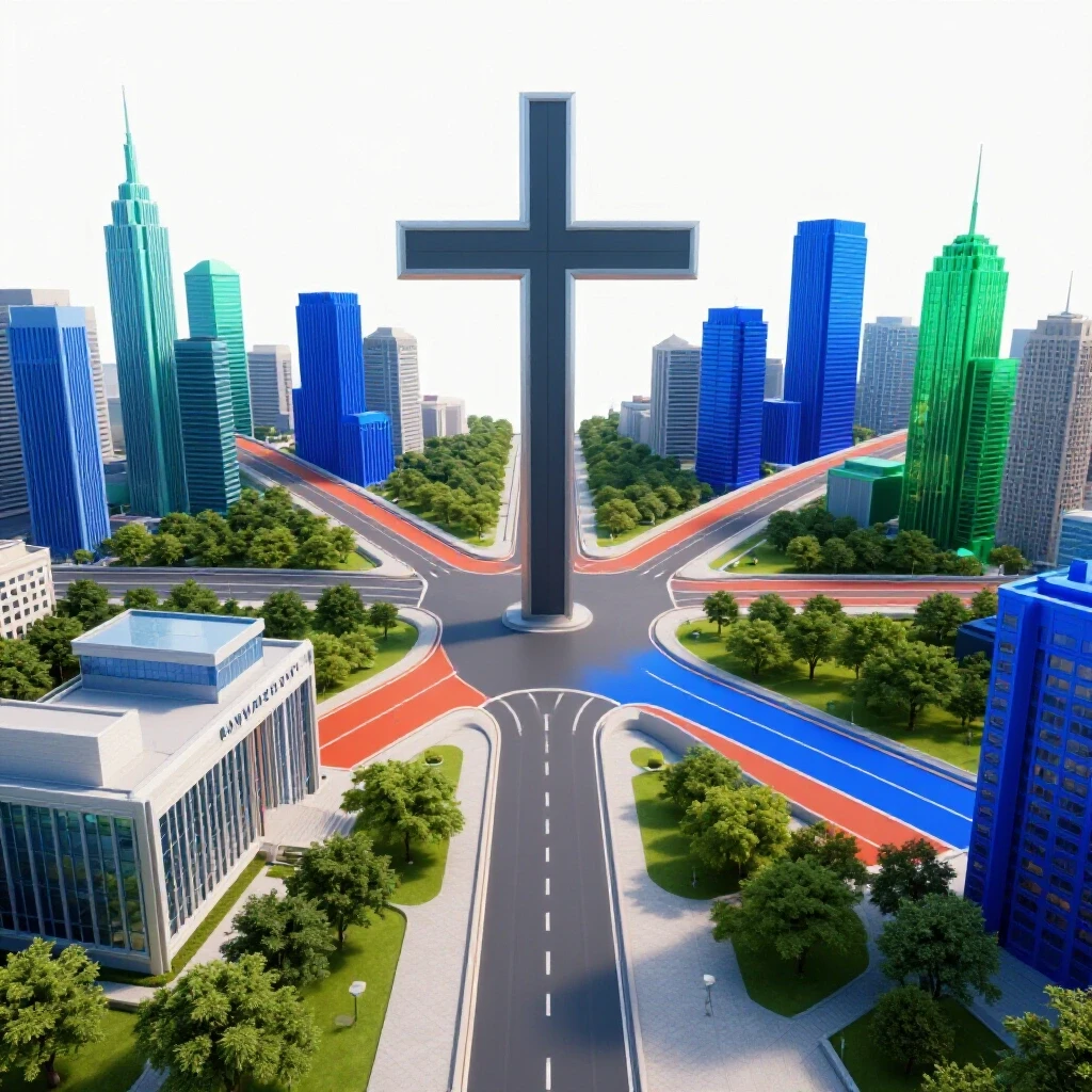 A crossroads with one path leading to a modern university campus and the other to a vibrant city skyline, set against a bright background.