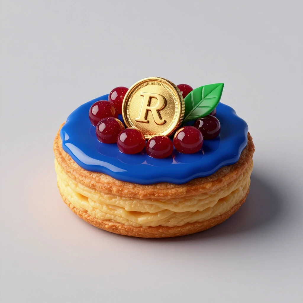 A luxurious pastry with a golden coin emerging from its layers, vibrant colors on a luminous background symbolizing hidden value.