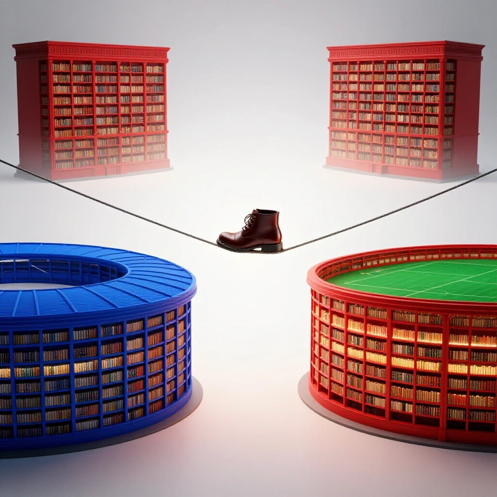Glossy academic shoes walking a tightrope between a glowing sports stadium and a radiant library with bright background.