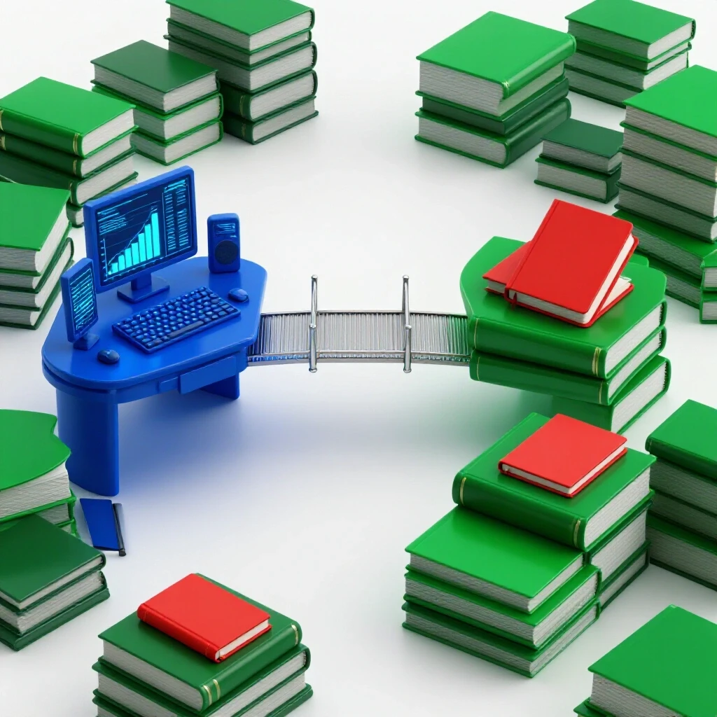 Bright split-scene showing a glossy digital office and a vibrant book-filled study space with a central bridge symbolizing balance.