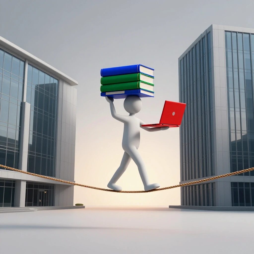 Tightrope walker balances books and laptop between university and office towers at sunrise, symbolizing balancing grad school and work.