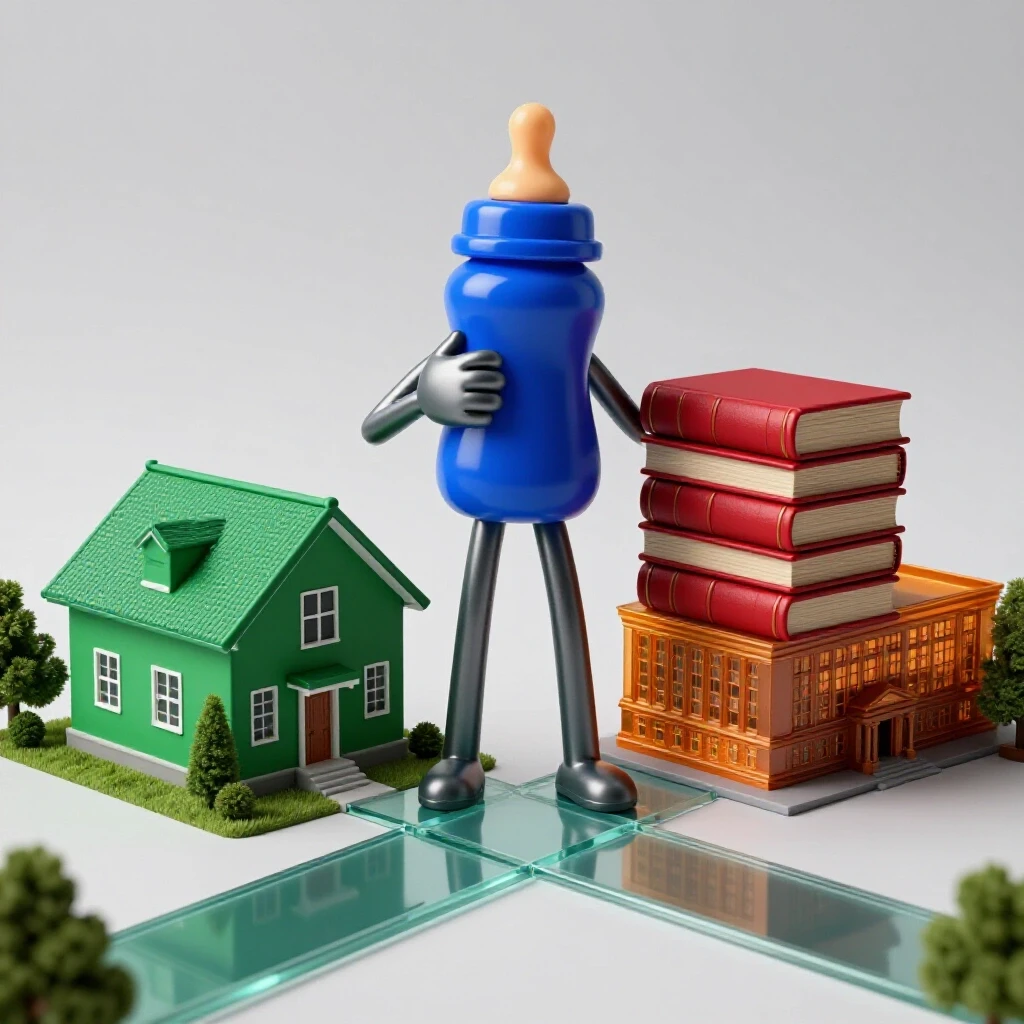 A glossy blue baby bottle and red academic books balanced by metallic arms at a crossroad between family home and university symbols on a bright background.