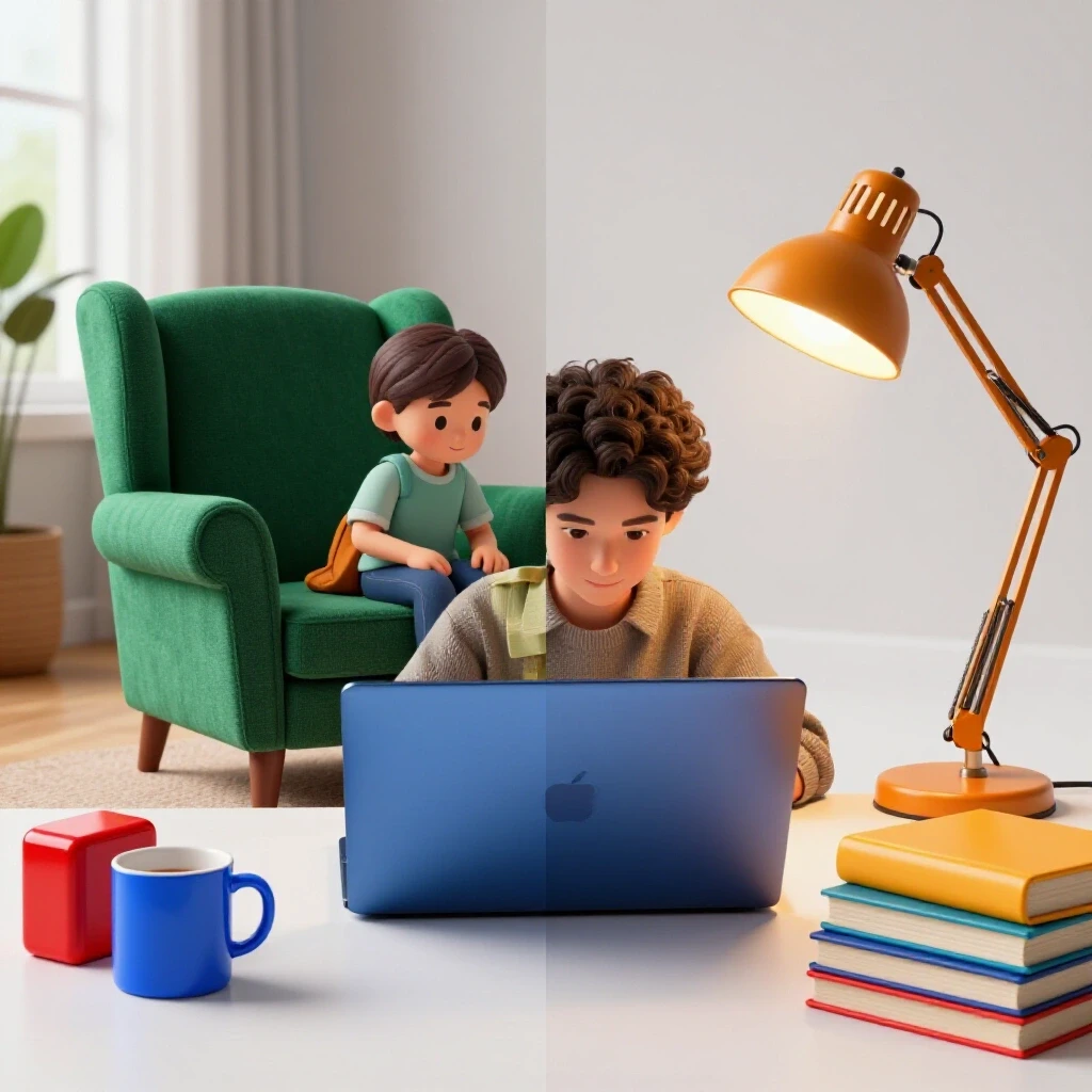 Split-scene 3D image showing a vibrant home parenting setup merging into a focused study area with rich colored objects.