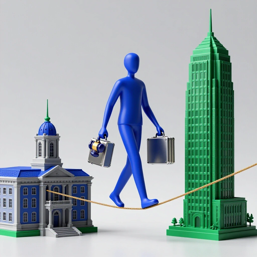 A poised abstract figure balances a gavel and briefcase while walking a tightrope between law school and office buildings.