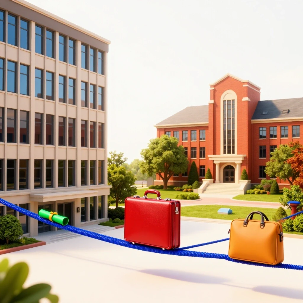 A tightrope stretches between a modern office building and a university campus, with a briefcase balanced in the center, surrounded by a diploma and laptop bag, set in a bright, clean environment.