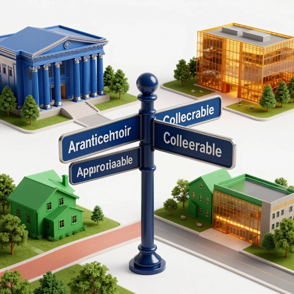 Colorful crossroads signpost with branching paths leading to diverse, inviting campus buildings representing college choices.