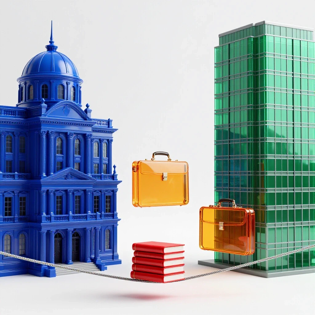 A tightrope connects an academic building and an office tower with books and a briefcase balanced in the center, symbolizing education and work balance.