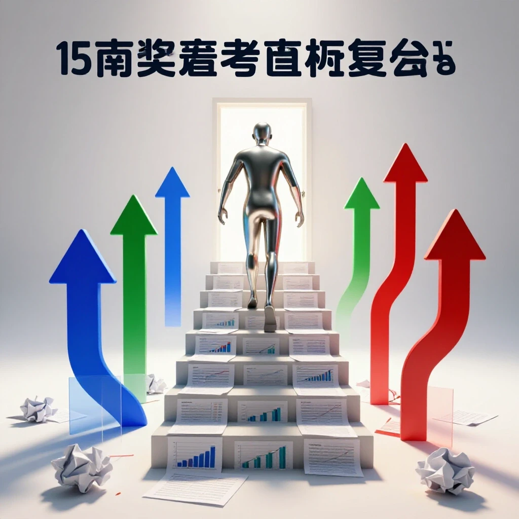 Determined abstract figure ascends a staircase of data charts and exam papers toward a bright doorway with upward arrows.