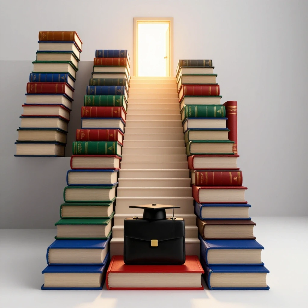 Oversized law books form a staircase leading to a glowing door, symbolizing the pathway to passing the bar exam.