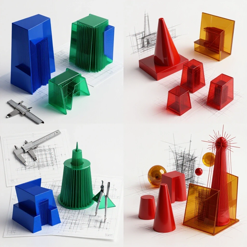 Split scene of technical drafting tools and blueprints on one side, vibrant creative architecture models on the other