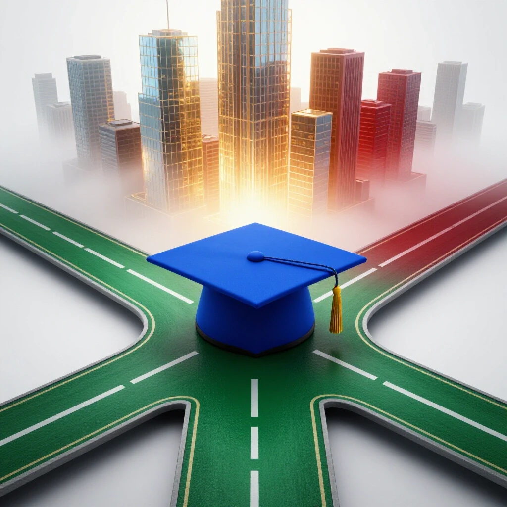 Glossy graduation cap stands at a crossroads, with one path leading to a bright city skyline and the other fading into uncertainty.