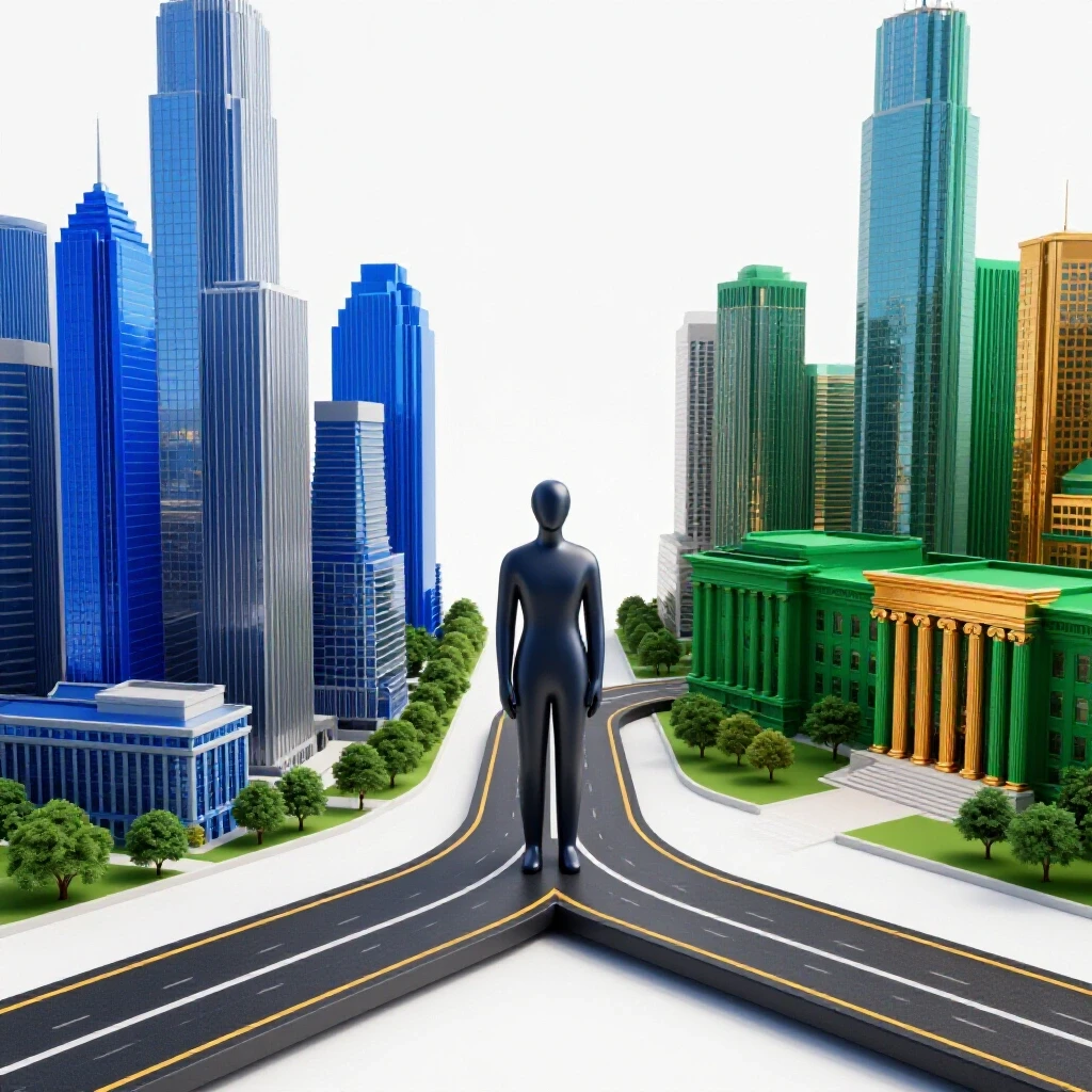 A forked road splitting toward a modern city skyline and a vibrant university campus with a figure at the crossroads.