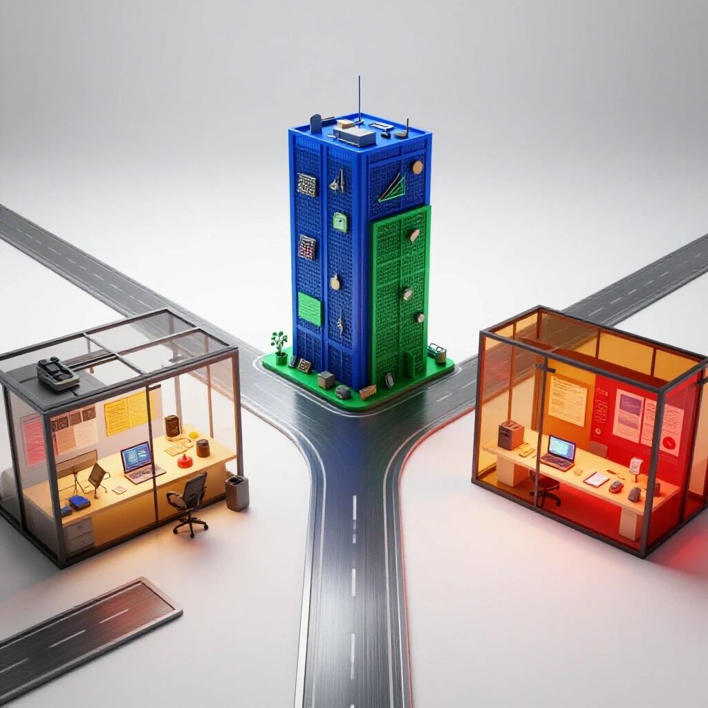 A crossroads splitting to a modern office tower with analytic tools and a vibrant creative workspace under bright lighting.