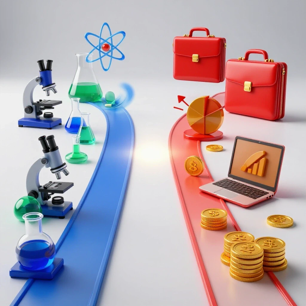 Two diverging pathways, one lined with scientific symbols and lab equipment, the other with business icons and office elements, both leading toward a glowing shared horizon on a clean, bright background.
