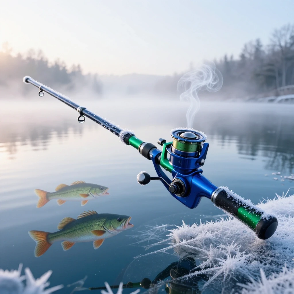 Glossy frosted fishing rod on iced lake at dawn with shadowy bass beneath misty water surface