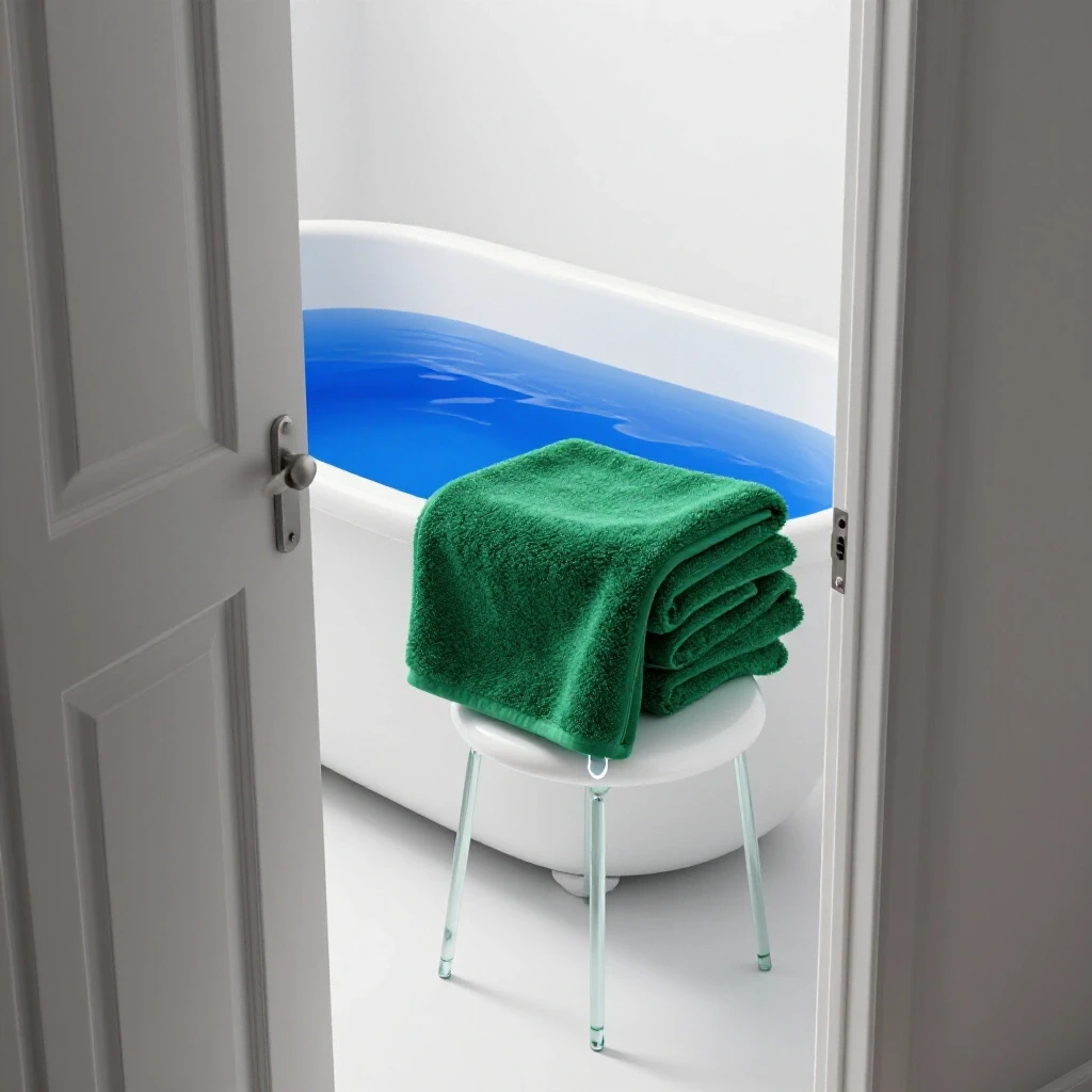 Inviting deep blue bathtub viewed through an open white door, emerald towel with a gentle tear nearby.