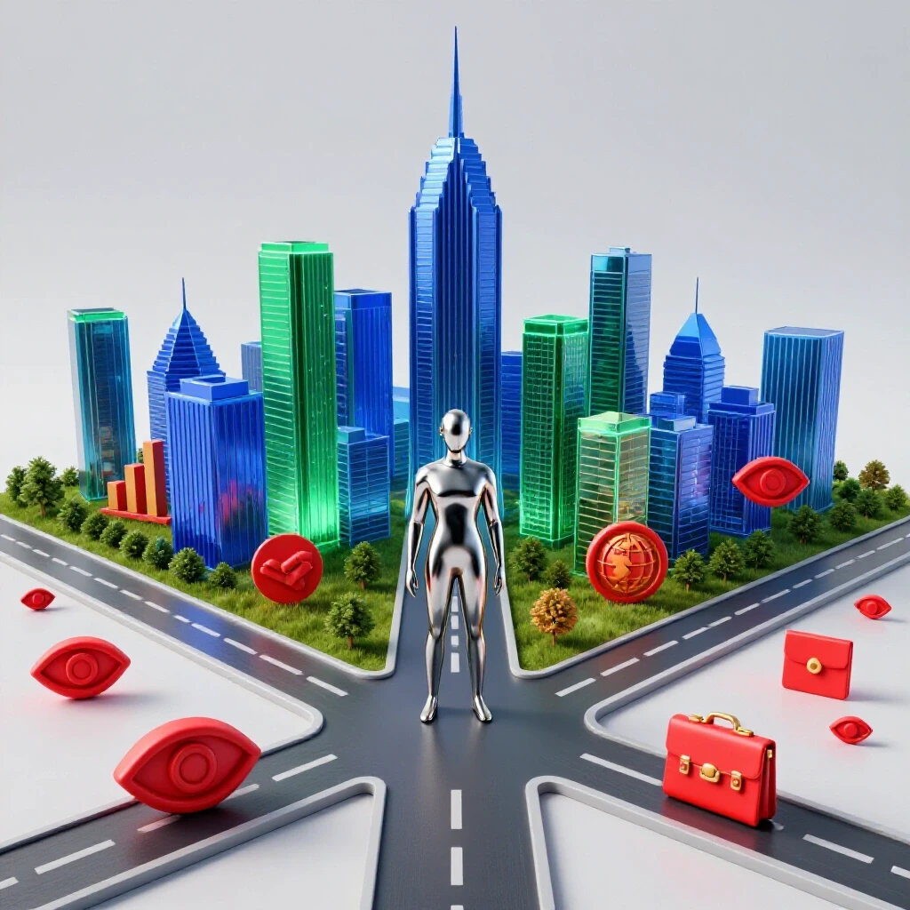 A crossroads with paths leading to a city skyline and opportunity icons, symbolizing BBA degree choices.