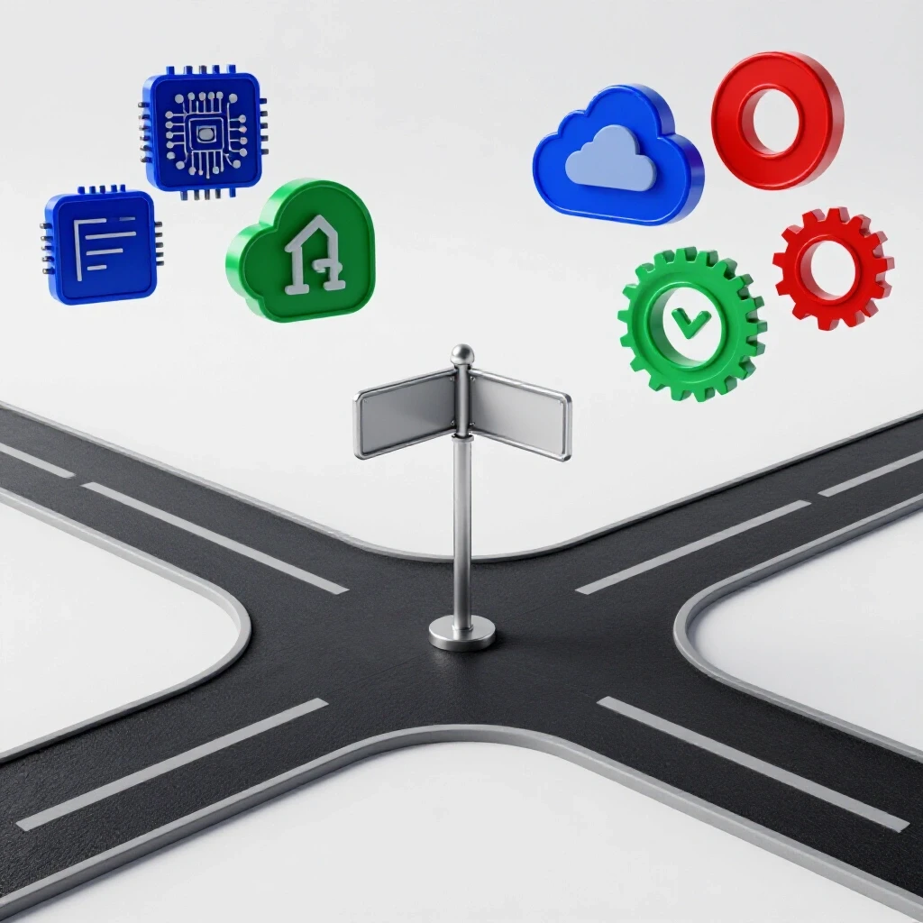A crossroads with one path leading to vibrant technology icons and another fading into uncertainty on a bright, clean background.