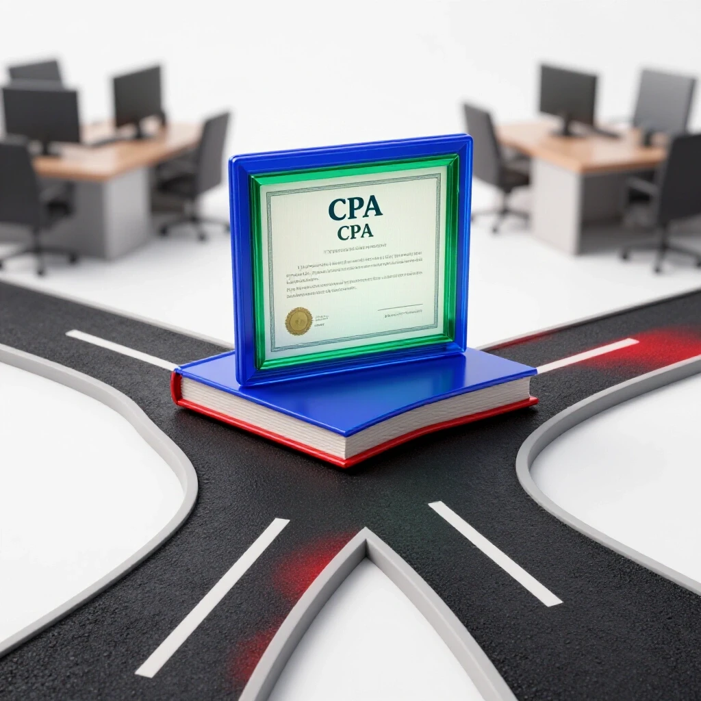 A crossroads with an open book leading to a glowing CPA certificate, contrasting a blurred office path