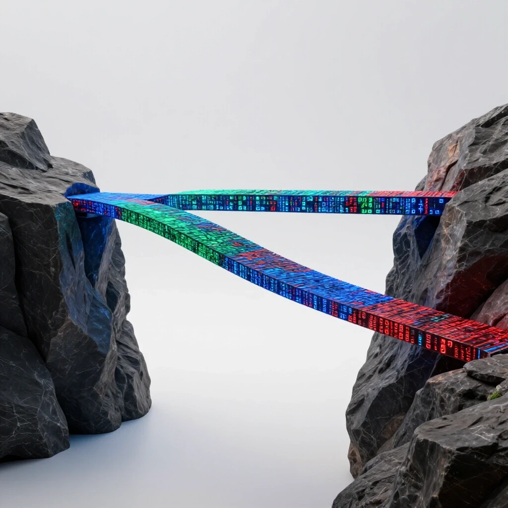 A glowing digital bridge made of code connects two cliffs in a bright studio, symbolizing alternative developer pathways.