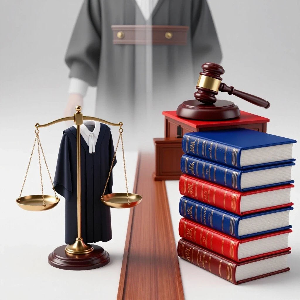 A split scene showing a graduation gown with legal scales on one side and law books blending into a courtroom on the other.