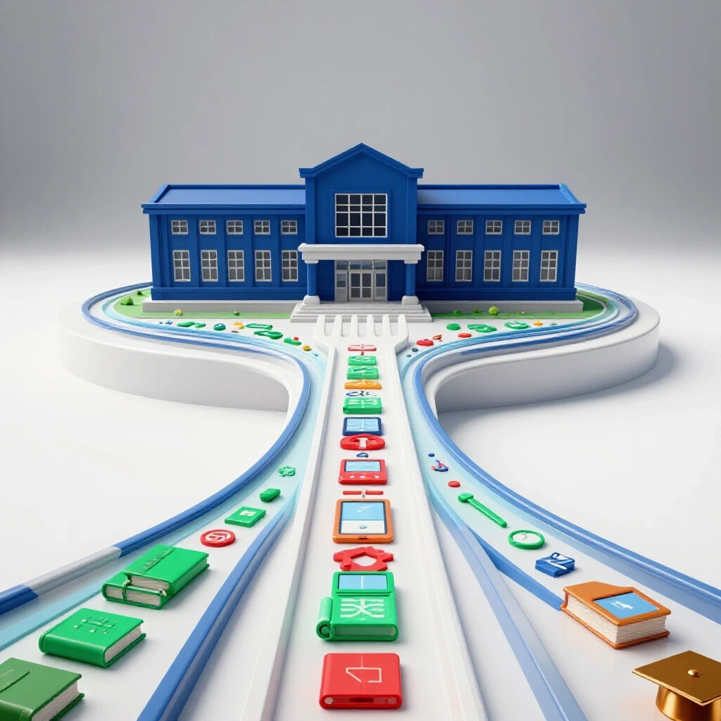 Forked path with one side leading to a blue school building and the other side with books, tablets, and caps symbolizing alternative education.