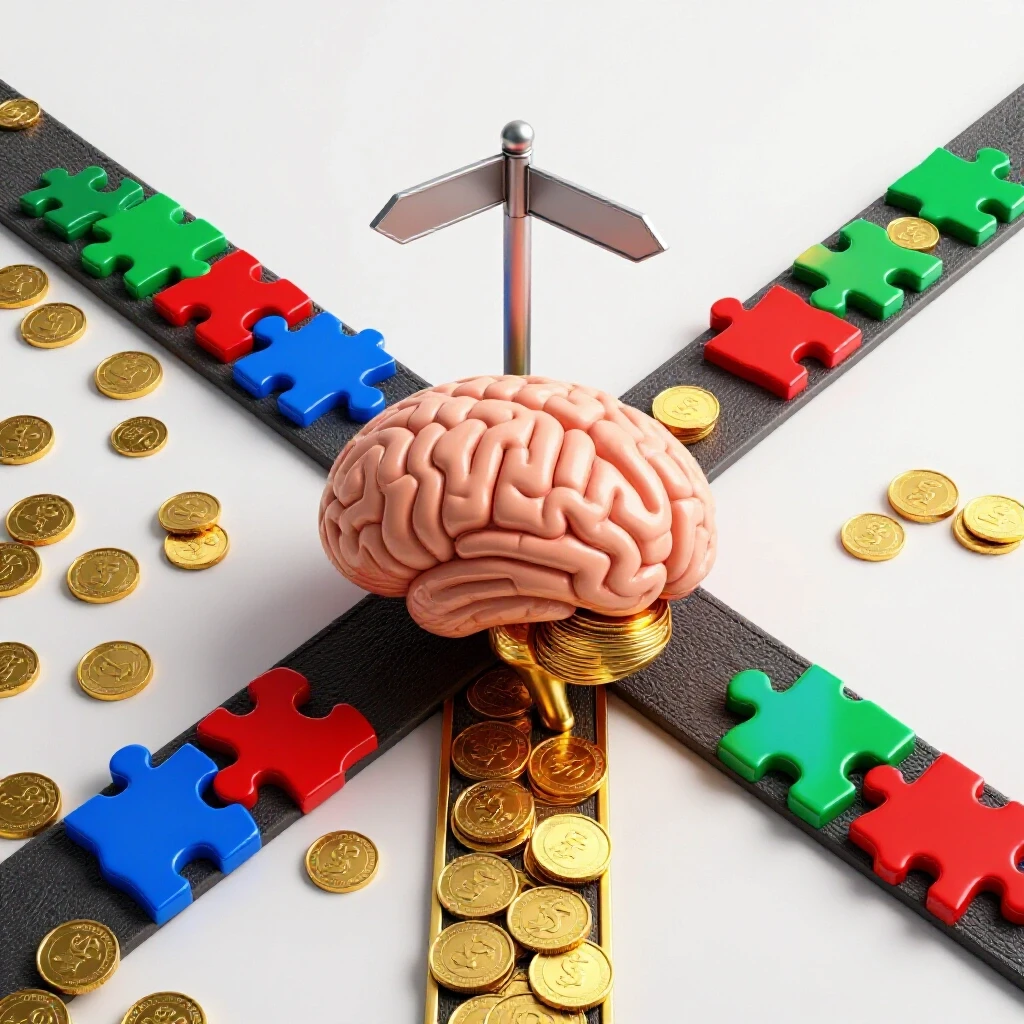 Glossy brain-shaped crossroads with coins on one path and puzzle pieces on the other on a bright background.